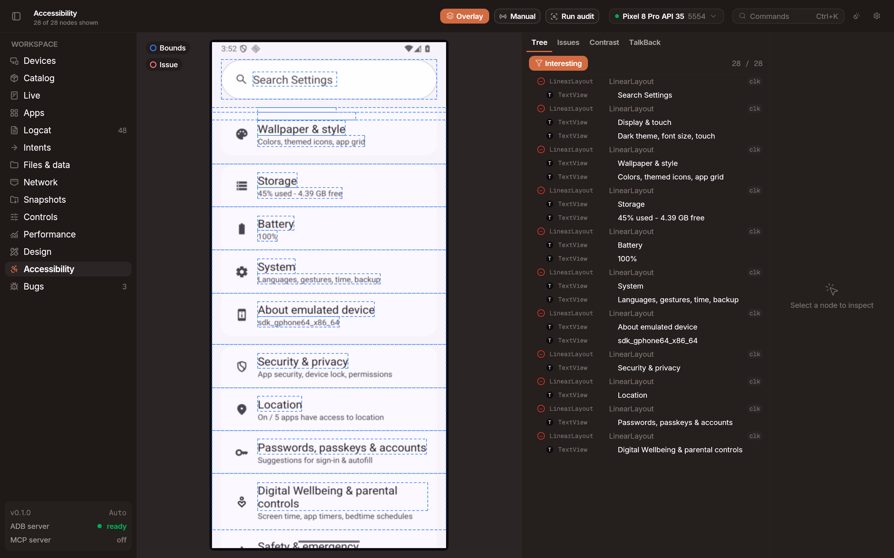 Accessibility audit results with highlighted issues