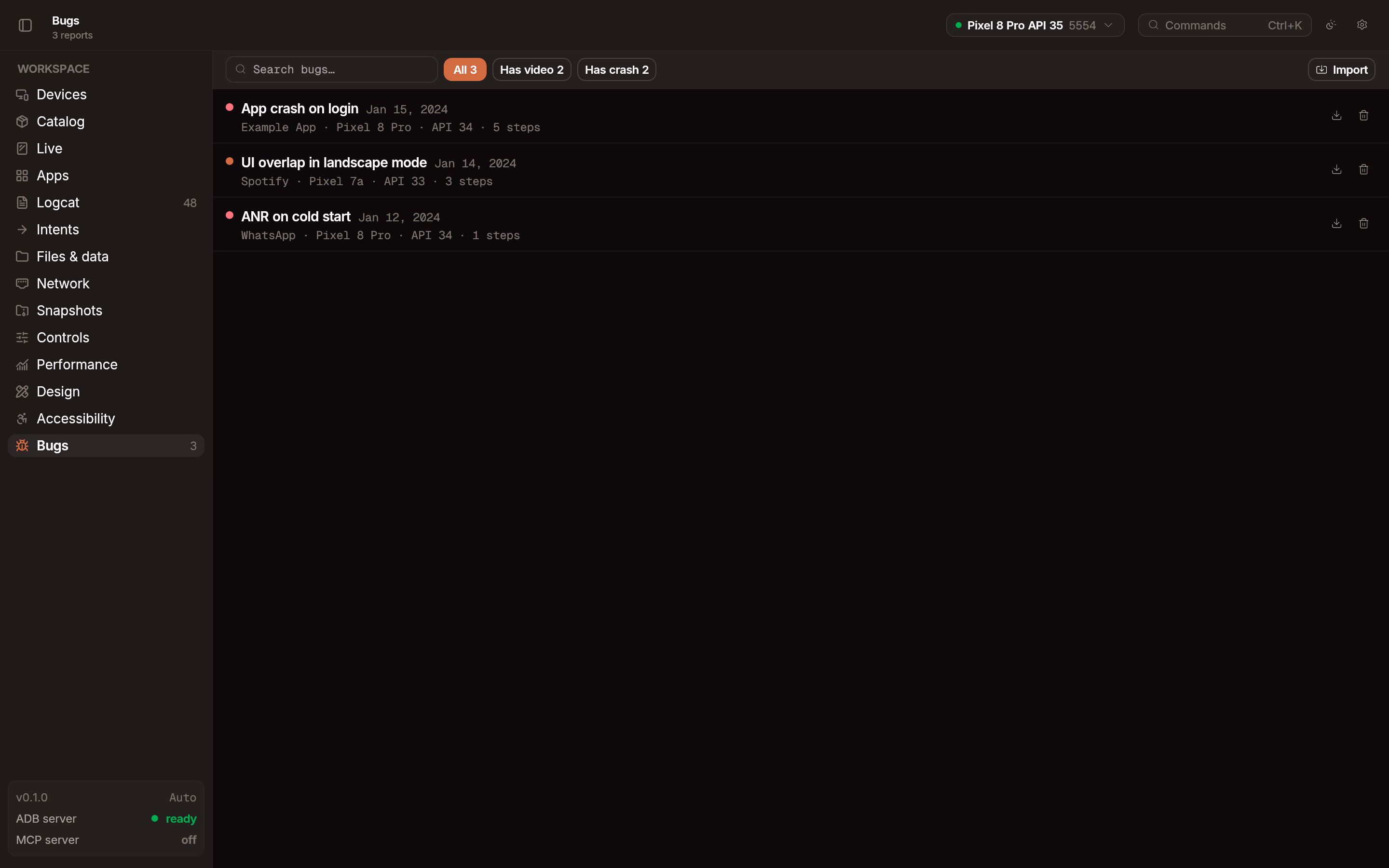 Bug replay detail view with video timeline