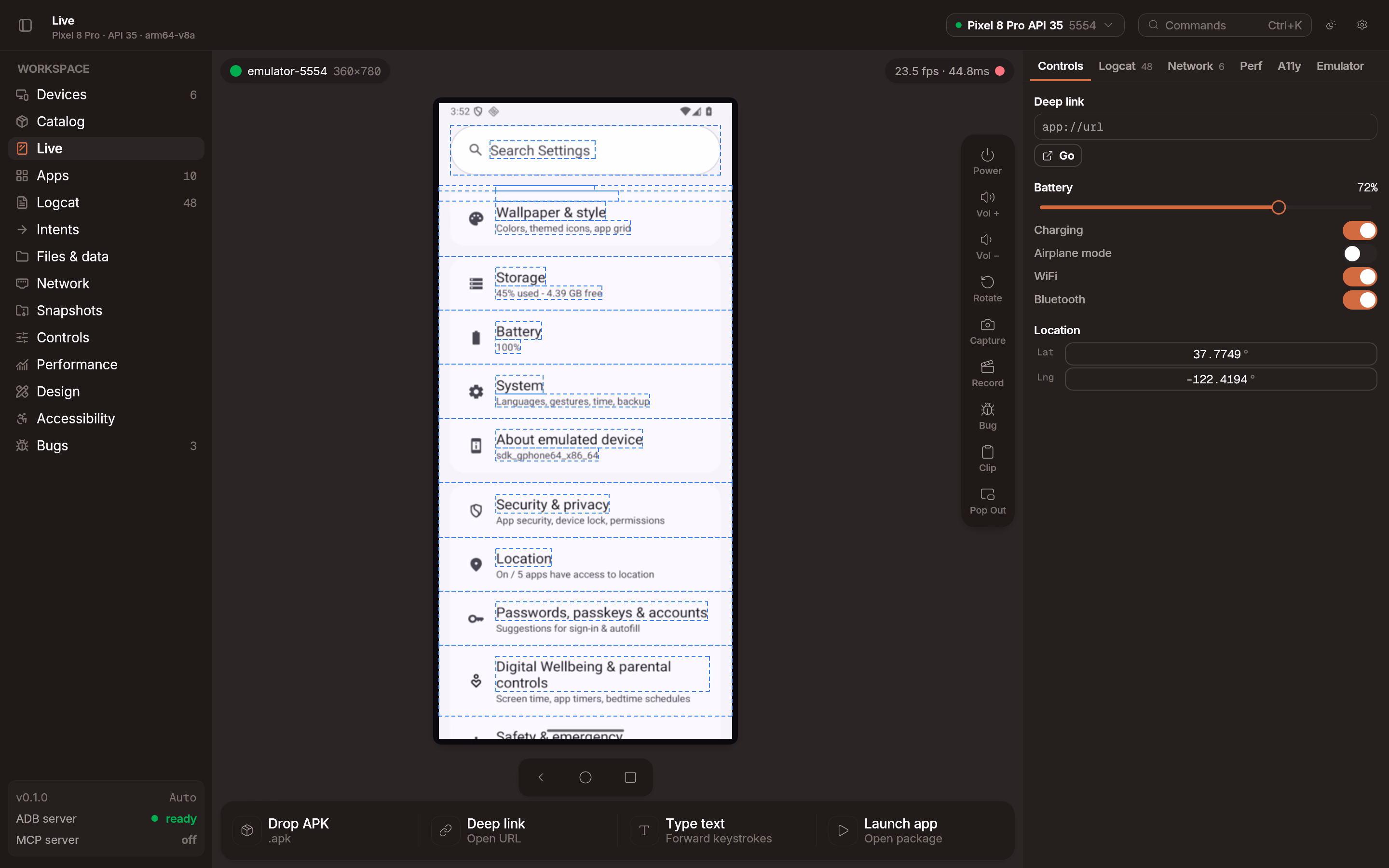 Live mirror showing a device screen mirrored on the desktop