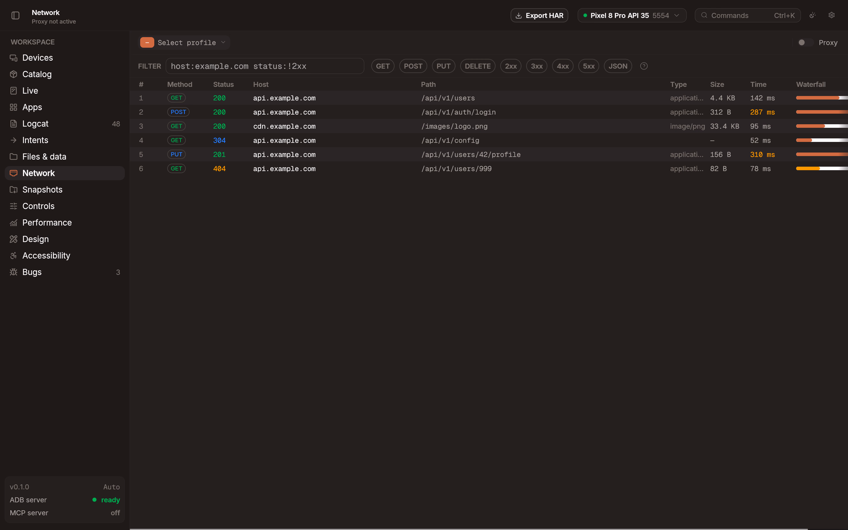 Network inspector showing captured HTTP requests